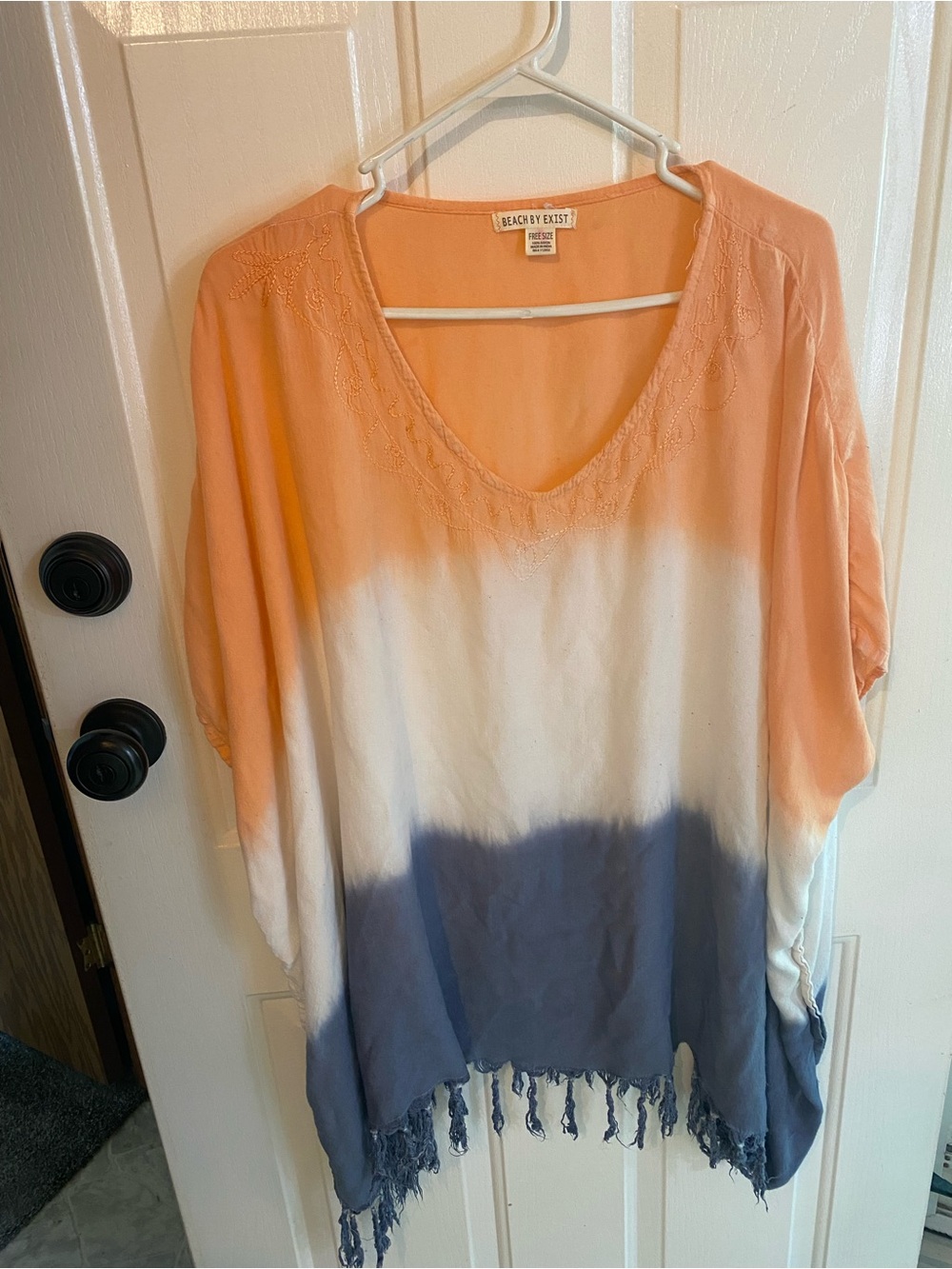 Beach By Exist Ombre V-Neck Fringe Tunic - Peach, White & Slate Blue